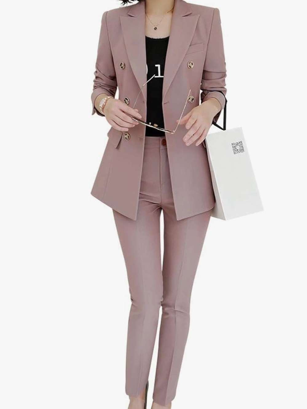 Tailored Dusty Rose Double-Breasted Blazer & Slim Pants Set